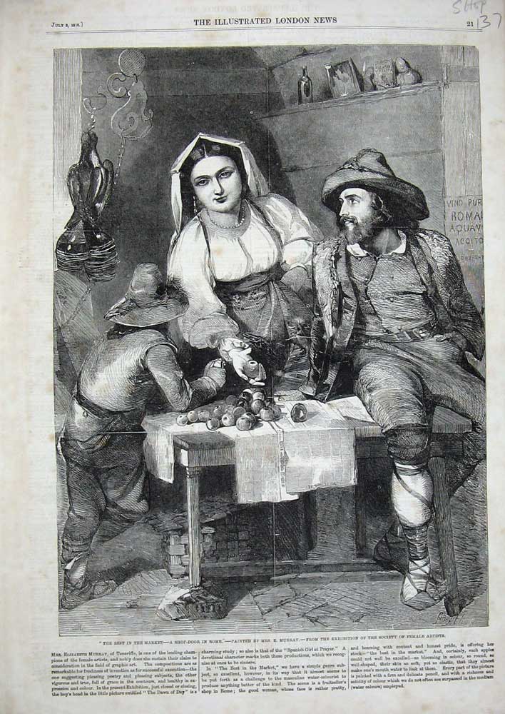 Original Old Antique Print 1858 Shop Door Rome Market Lady Man Young Boy Fruit
