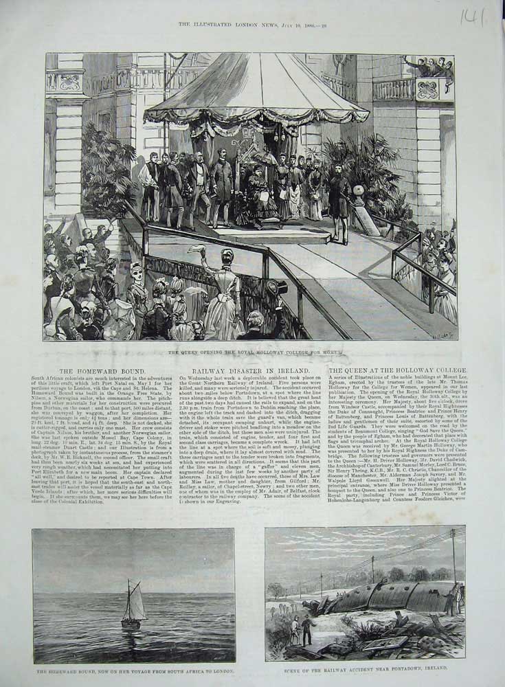 Old Antique Print 1886 Queen Holloway College Women Railway Crash Ireland 19th