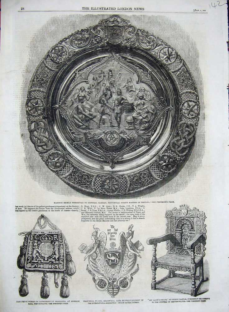 Original Old Antique Print 1862 Masonic Shield Ramsay Bengal Purse Chair Corby