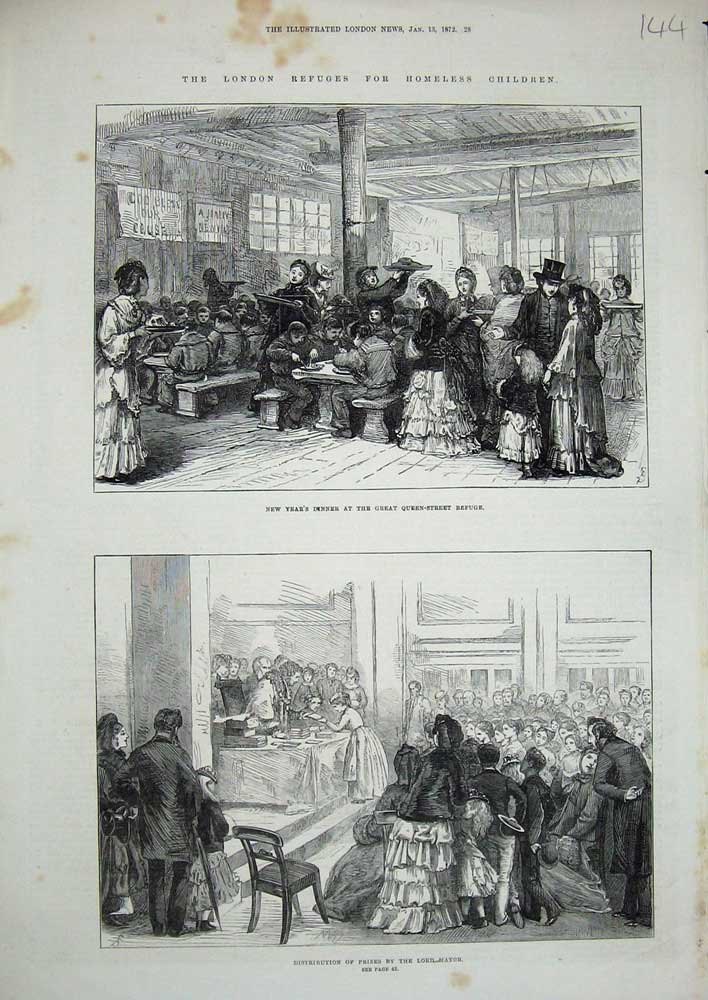 Old Antique Print 1872 London Refugees Homless Children Lord Mayor Dinner 19th