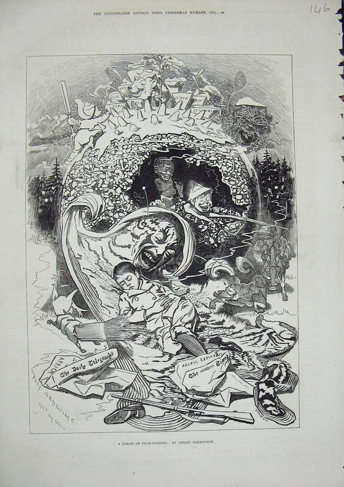 Original Old Antique Print 1876 Boy Dreaming Plum Pudding Linley Sambourne 19th