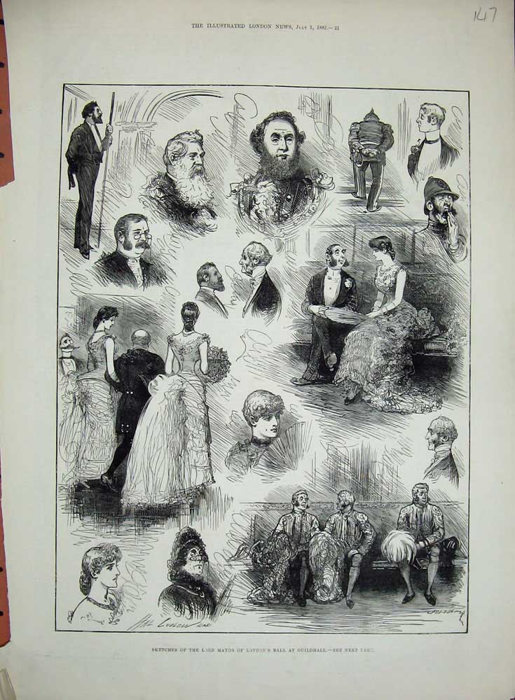 Old Antique Print Lord Mayor London Ball Guildhall 1882 Dresses Man Lady 19th