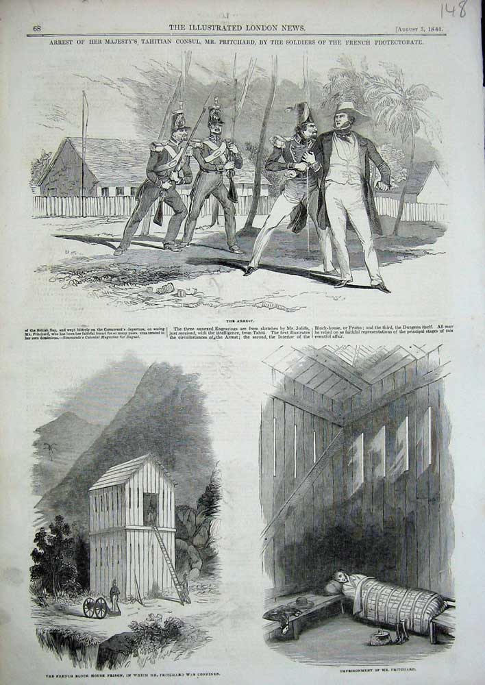 Original Old Antique Print 1844 Queen Tahitan Pritchard Siers French Prison