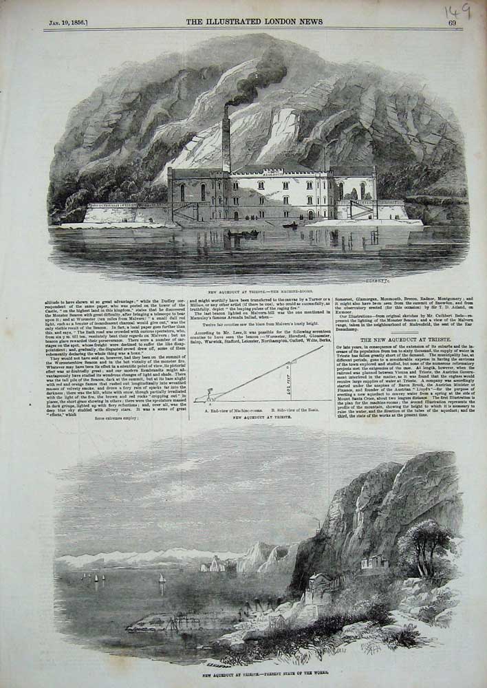 Original Old Antique Print Aqueduct Trieste Machine Rooms 1856 Works Building