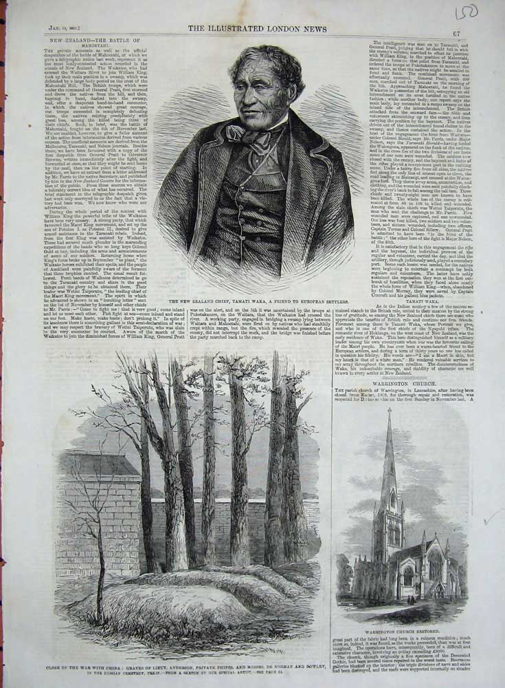 Original Old Antique Print 1861 Zealand Chief Tamati Waka War China Warrington