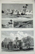 Old Antique Print 1883 Benwell Tower Newcastle-On-Tyne Egypt Thebes Tombs 19th