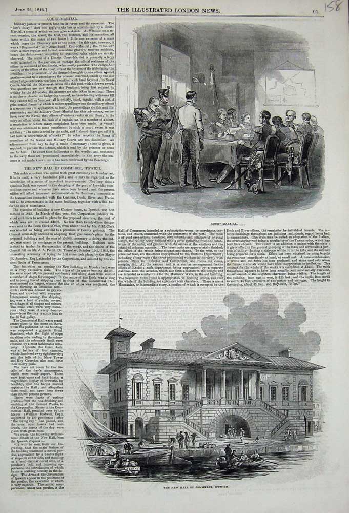 Original Old Antique Print 1845 Court Martial Hall Commerce Ipswich Building