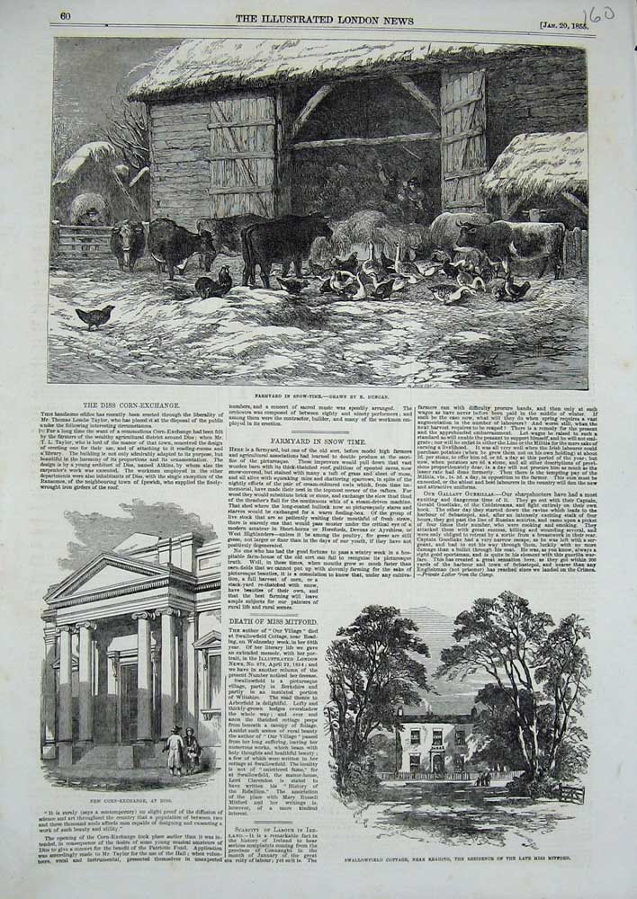 Original Old Antique Print Swallowfield Reading Mitford 1855 Farmyard Exchange