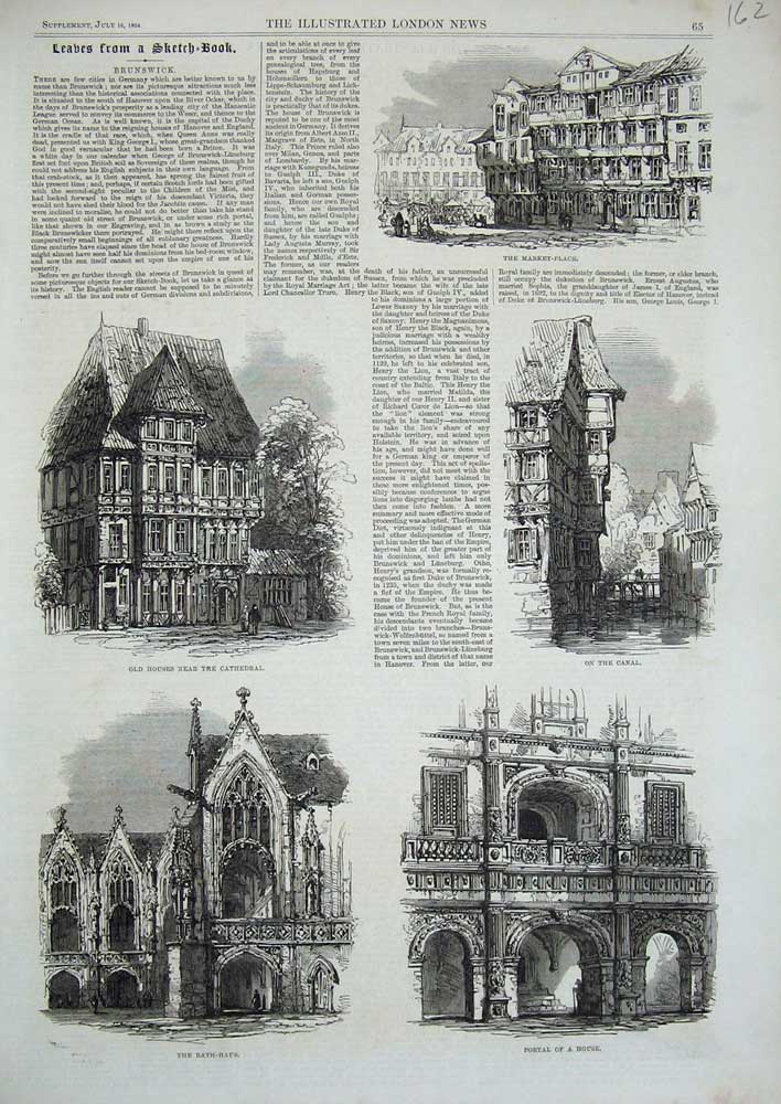 Old Antique Print 1864 Brunswick Cathedral Market Canal Portal Rath-Haus 19th