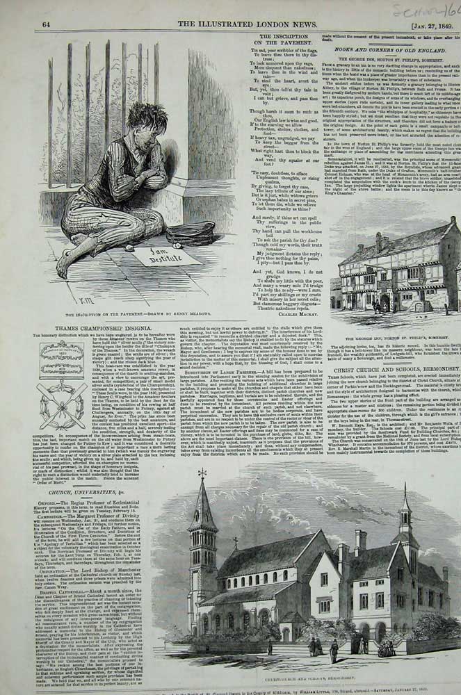 Original Old Antique Print 1849 Christchurch Schools Bermondsey Poor Man Norton