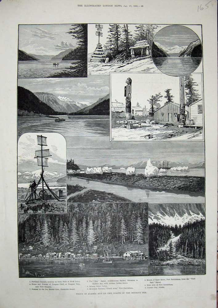Original Old Antique Print 1891 Alaska Behring Sea Portland Tongass Snettisham