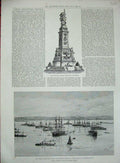 Old Antique Print Armada Memorial Plymouth 1888 Ships Portland Tryon War 19th