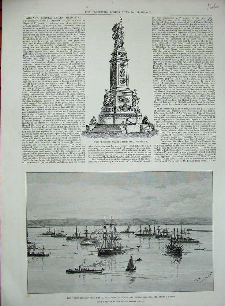 Old Antique Print Armada Memorial Plymouth 1888 Ships Portland Tryon War 19th