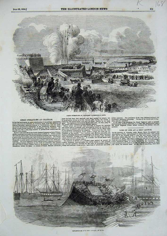 Original Old Antique Print 1854 Ship Accident Hull Siege Chatham Springing Mine