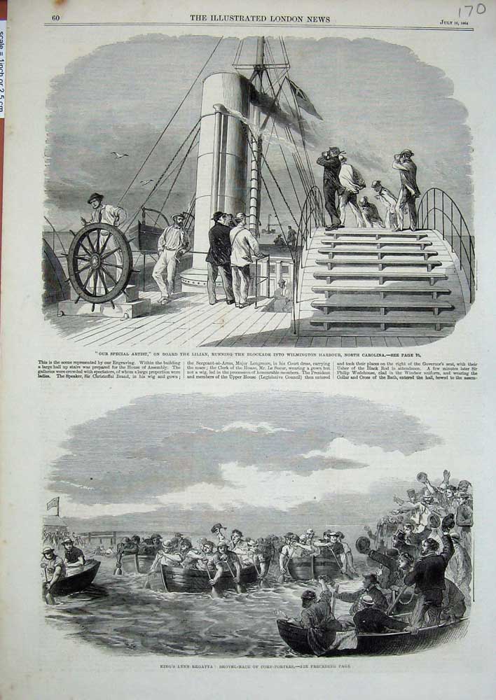 Old Antique Print 1864King'S Lynn Regatta Shovel Race Lilian Ship America 19th