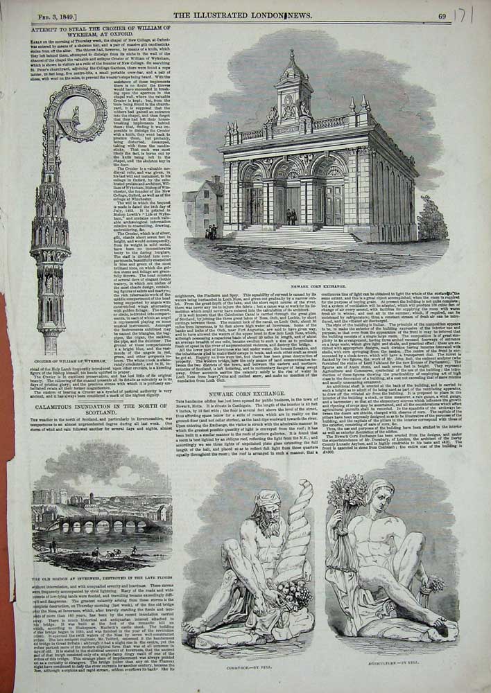 Old Antique Print 1849 Newark Exchange Crozier Wykeham Inverness Statue 19th