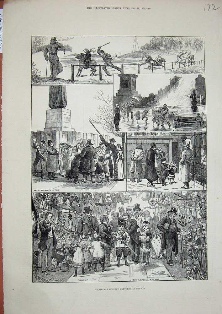 Original Old Antique Print 1879 Christmas London Lowther Cleopatra'S Needle Zoo