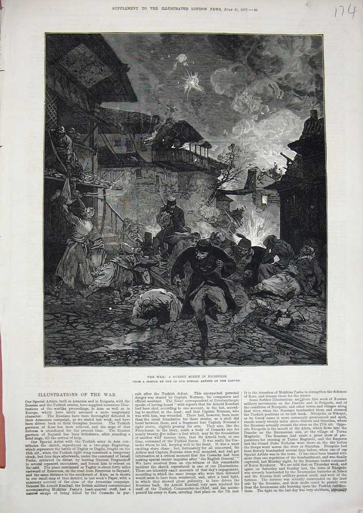 Original Old Antique Print Fine Art 1877 War Street Scene Nicopolis Explosions