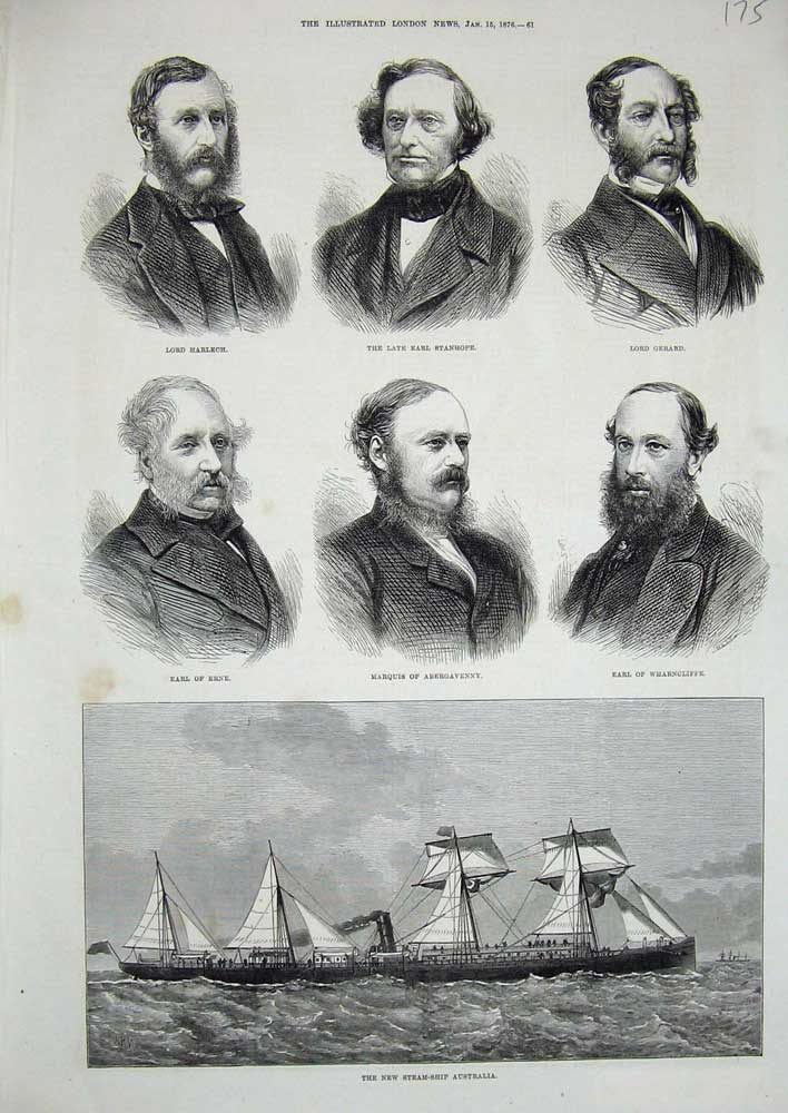 Old Antique Print 1876 Ship Australia Earl Stanhope Harlech Erne Gerard 19th
