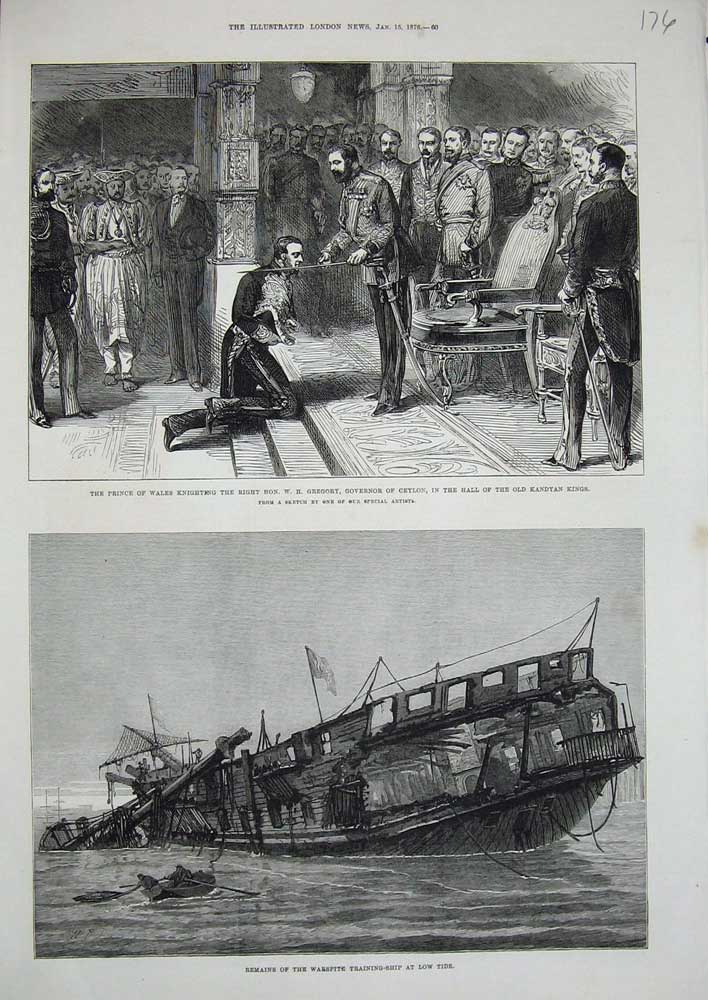 Old Antique Print 1876 Warspite Training Ship Prince Wales Gregory Ceylon 19th