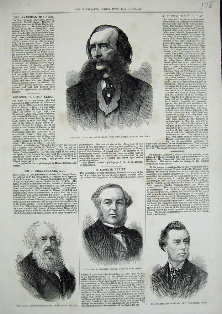 Original Old Antique Print 1876 Pierrepony Chamberlain Perier Egerton Leigh Men