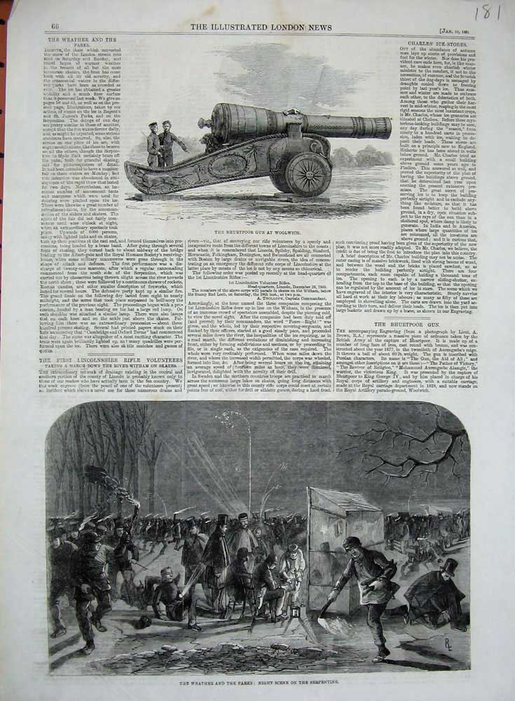 Original Old Antique Print 1861 Bhurtpoor Gun Woolwich Serpentine Park Winter