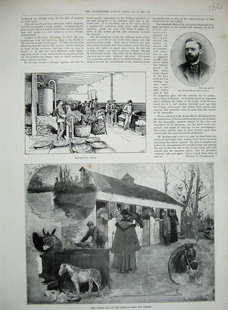 Original Old Antique Print 1897 Maceration Room Robert Houldworth Horses Home