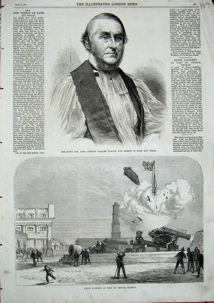 Old Antique Print 1870 Lord Arthur Charles Hervey Bishop Bath Fort Madras 19th