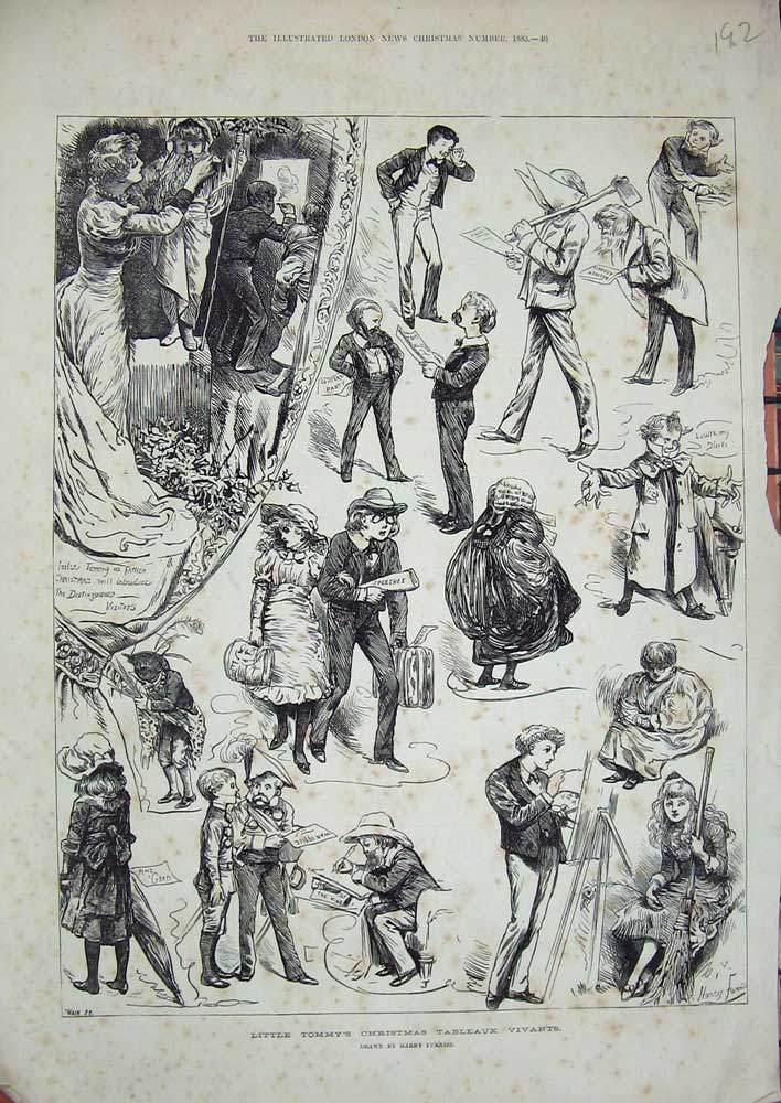 Old Antique Print 1883 Little Tommy Christmas Tableaux Vivnats Painting 19th