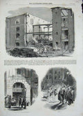 Original Old Antique Print 1858 Ruins Fire London Docks Fire-Engine Station