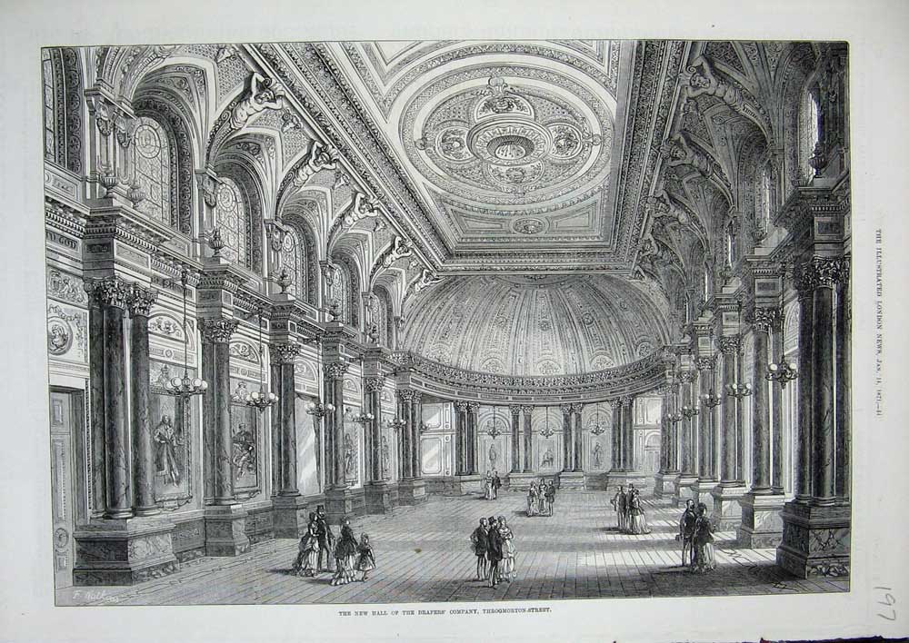 Original Old Antique Print 1871 Interior New Hall Draper'S Company Throgmorton