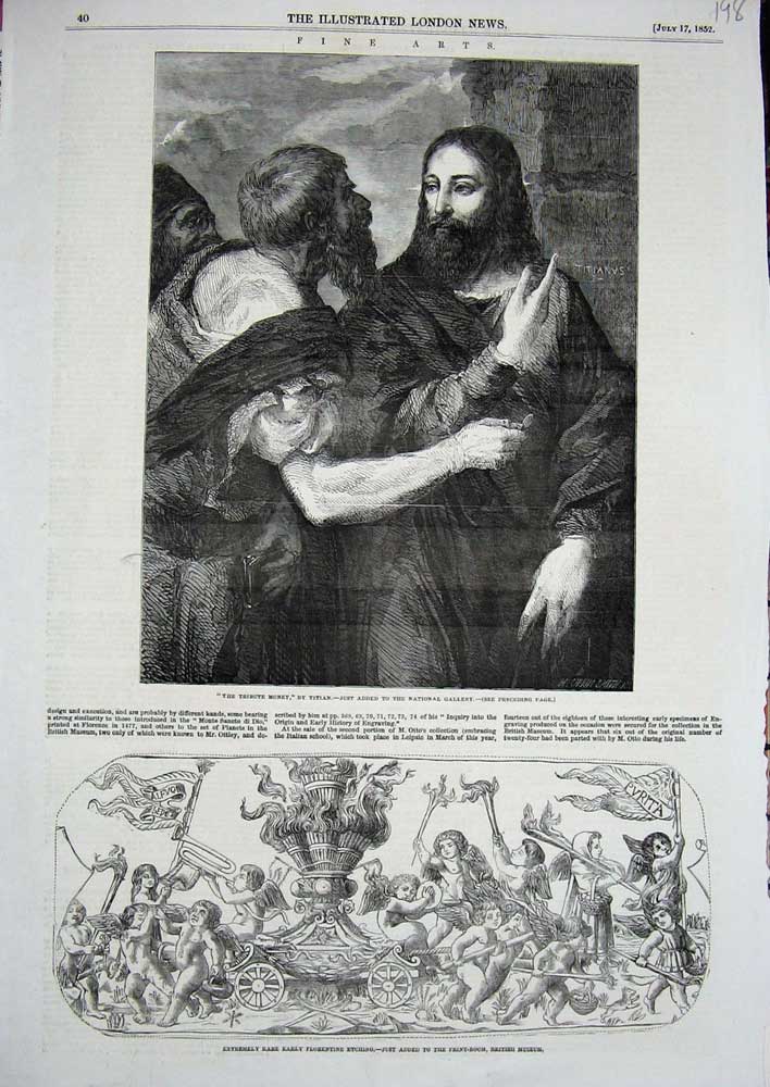 Original Old Antique Print 1852 Fine Art Money Titian Florentine Etching Museum