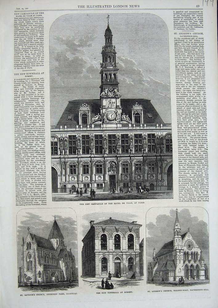 Old Antique Print 1867 Campanile Hotel Ville Paris Aberdeen Church Romsey 19th