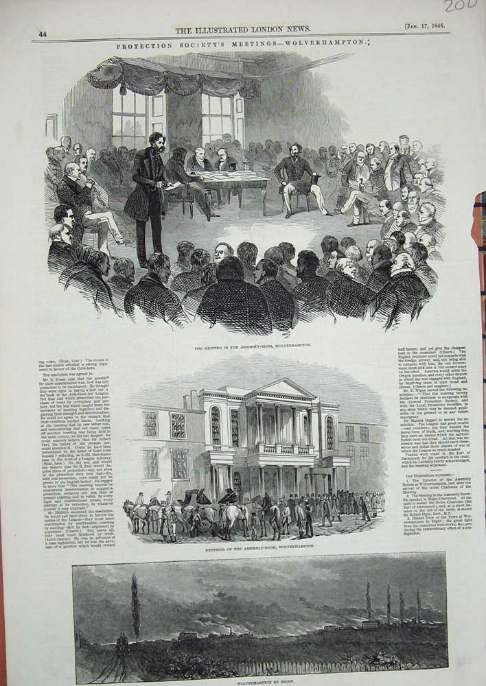 Old Antique Print 1846 Assembly Rooms Wolverhampton Protection Meetings 19th