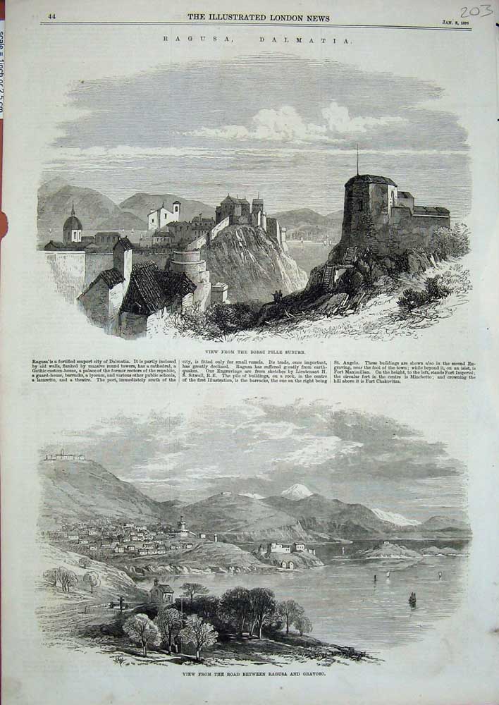 Old Antique Print 1870 Ragusa Dalmatia Borgi Pille Suburb Gravoso Hills 19th