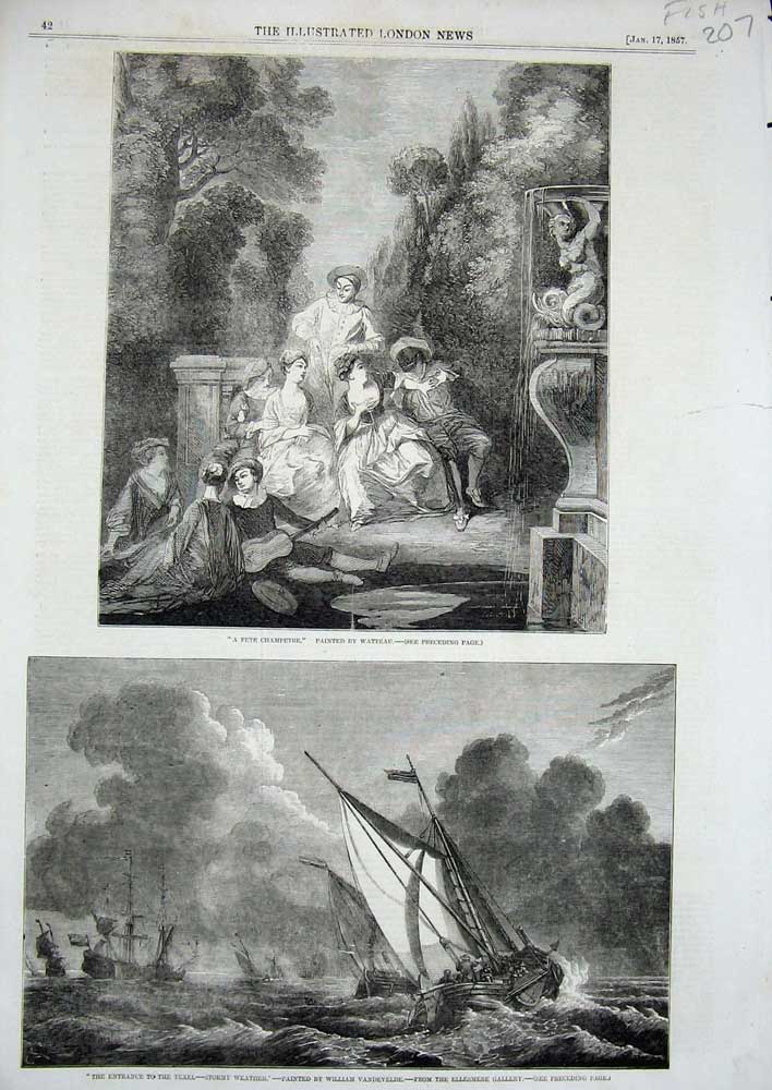 Original Old Antique Print 1857 Fete Champetre Art Stormy Sea Texel Ships Boats