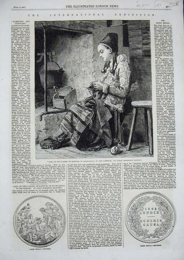 Original Old Antique Print Girl Parish Rattvik Dalecarlia Fireside 1862 Medal