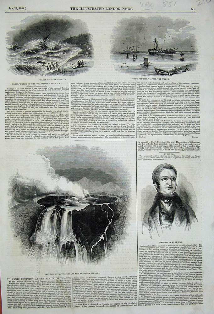 Old Antique Print 1844 Eruption Volcano Mouna Roa Sandwich Premier Ship 19th