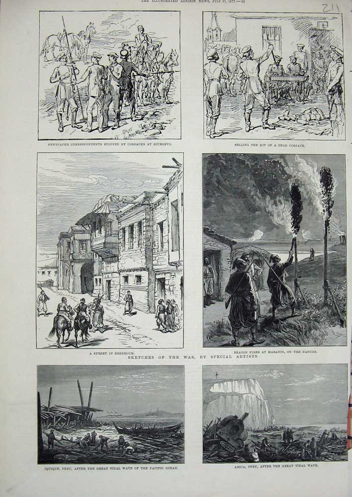Old Antique Print 1877 Cossacks Giurgevo War Erzeroum Danube Peru Tidal 19th