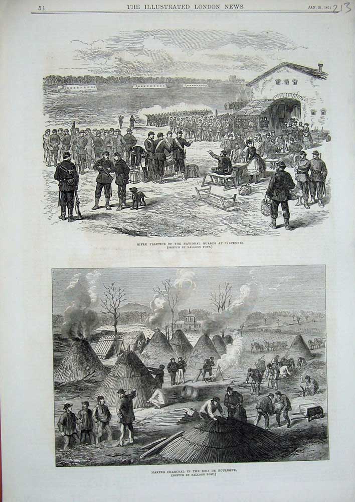 Old Antique Print Charcoal Bois De Boulogne 1871 Rifle Guards Vincennes 19th