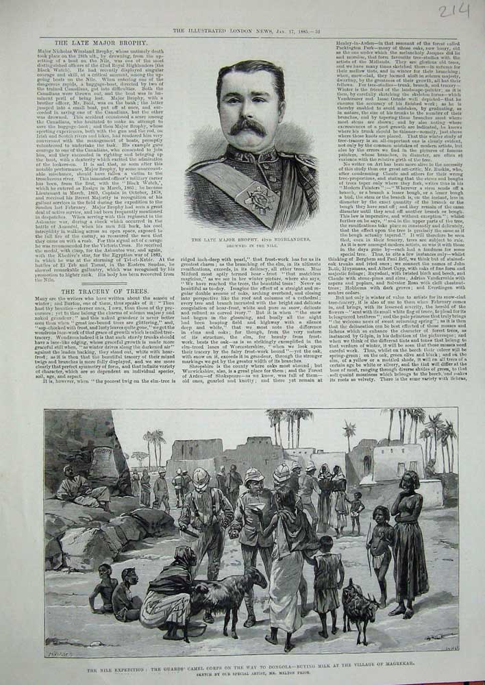 Original Old Antique Print 1885 Major Brophy Highlanders Nile Camel Dongola War