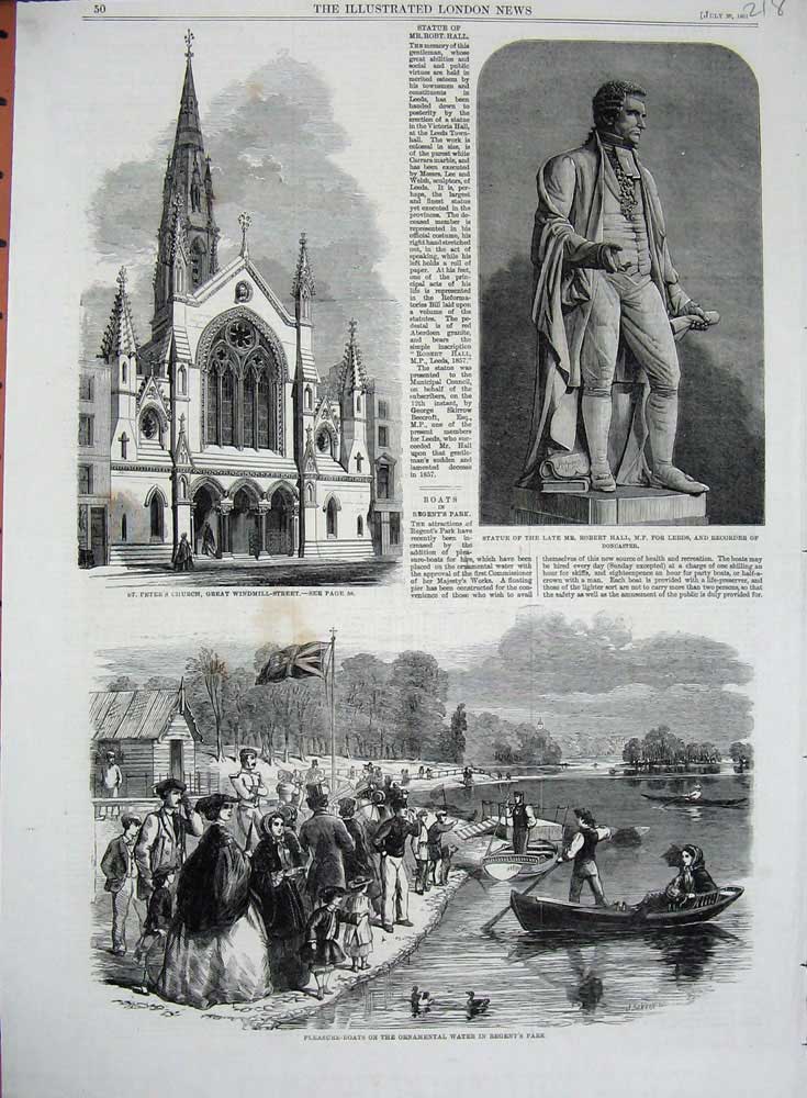 Old Antique Print 1861 Peter'S Church Statue Robert Hall Boats Regent'S 19th