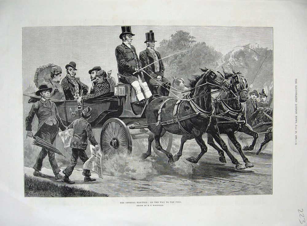 Original Old Antique Print 1886 General Election Horses Carriage Transport 19th