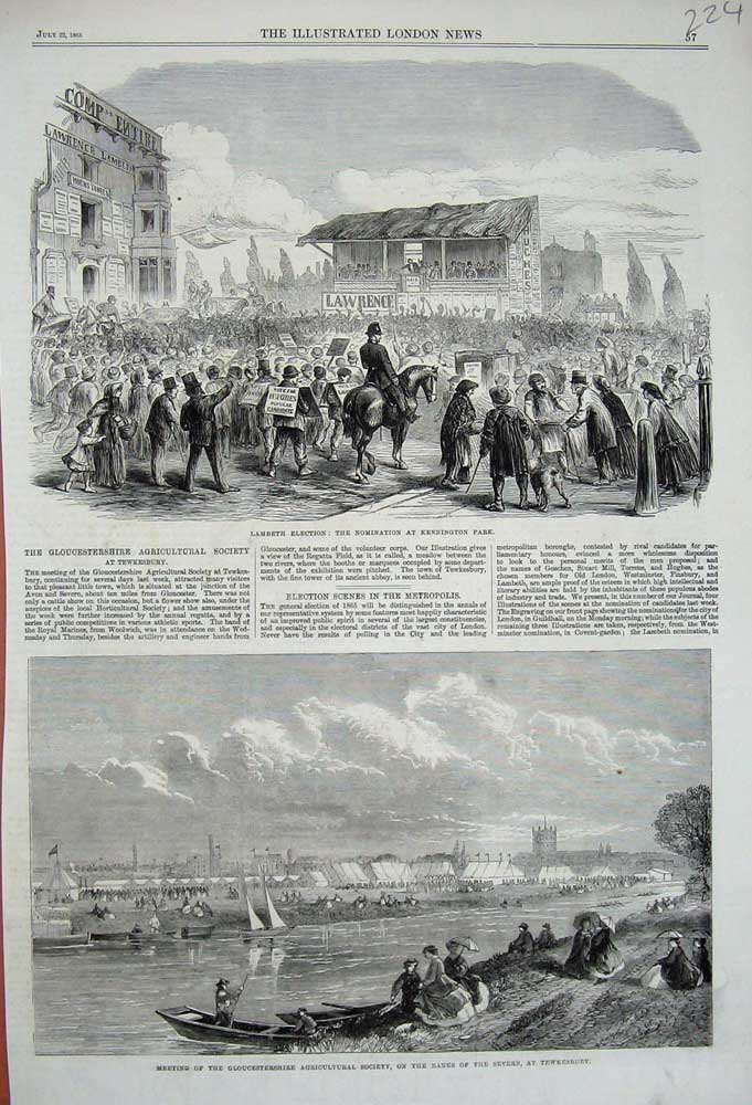 Old Antique Print 1865Lambeth Election Kennington River Severn Tewkesbury 19th