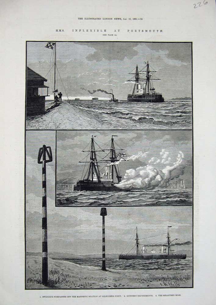Original Old Antique Print 1881 H.M.S Inflexible Portsmouth Gilkicker Compasses