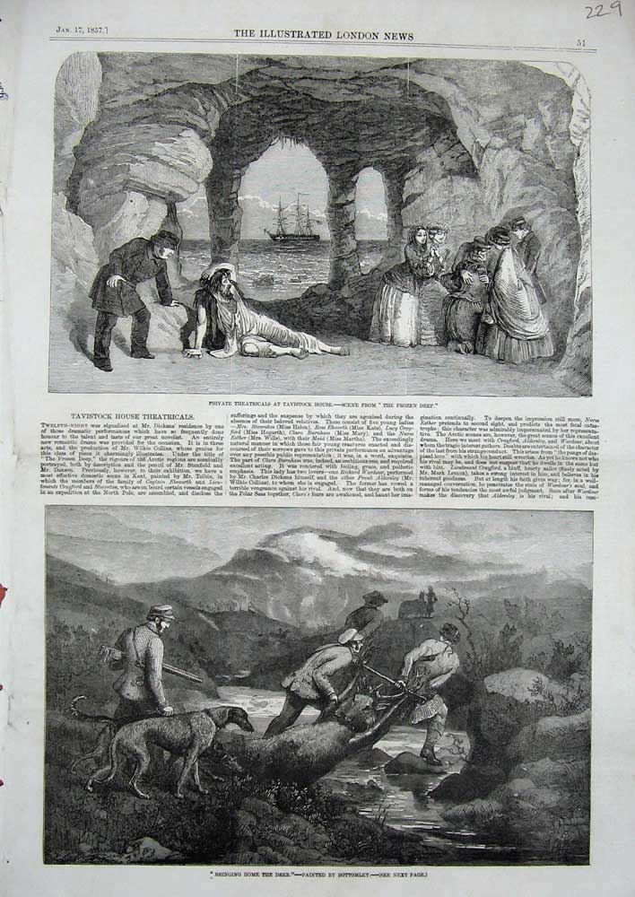 Old Antique Print 1857 Deer Stag Hunting Hounds Tavistock House Theatre 19th
