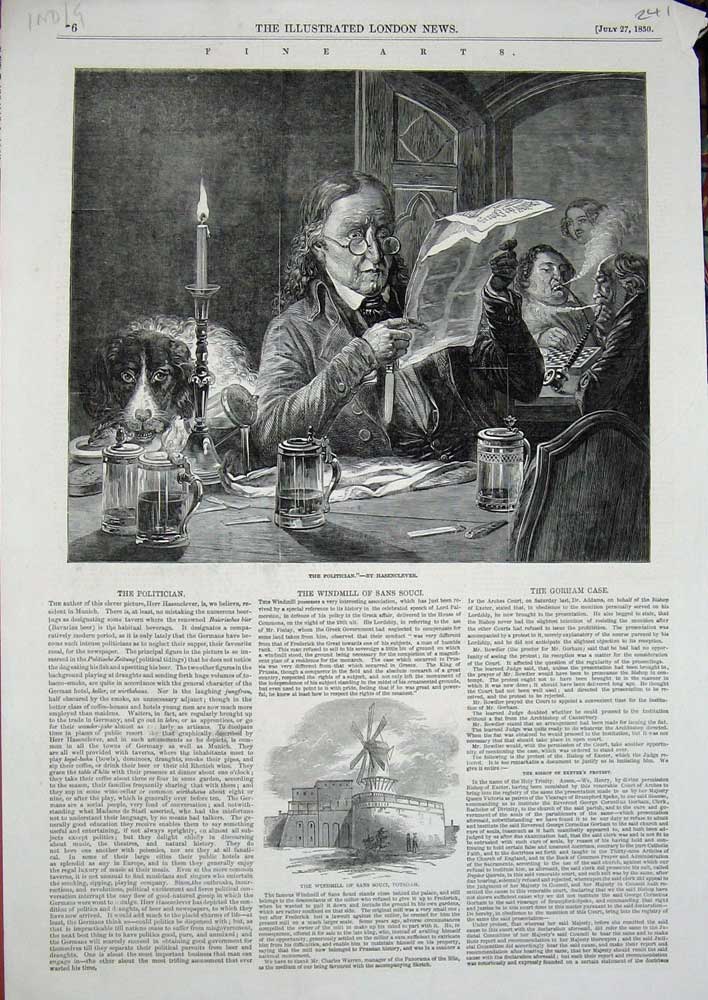 Original Old Antique Print 1850 Art Politician Man Windmill Sans Souci Potsdam