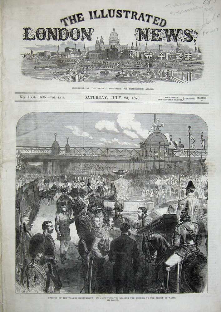 Old Antique Print 1870 Thames Embankment John Thwaites Prince Wales River 19th