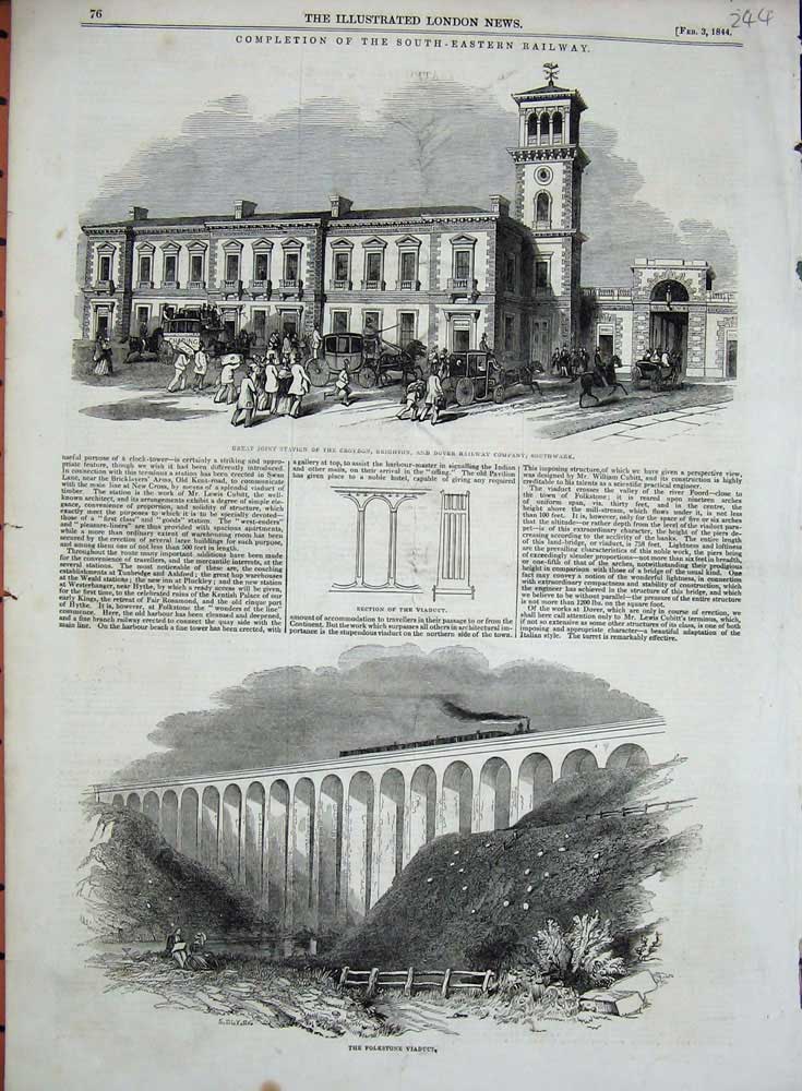 Old Antique Print 1844 Railway Folkestone Train Viaduct Croydon Station 19th
