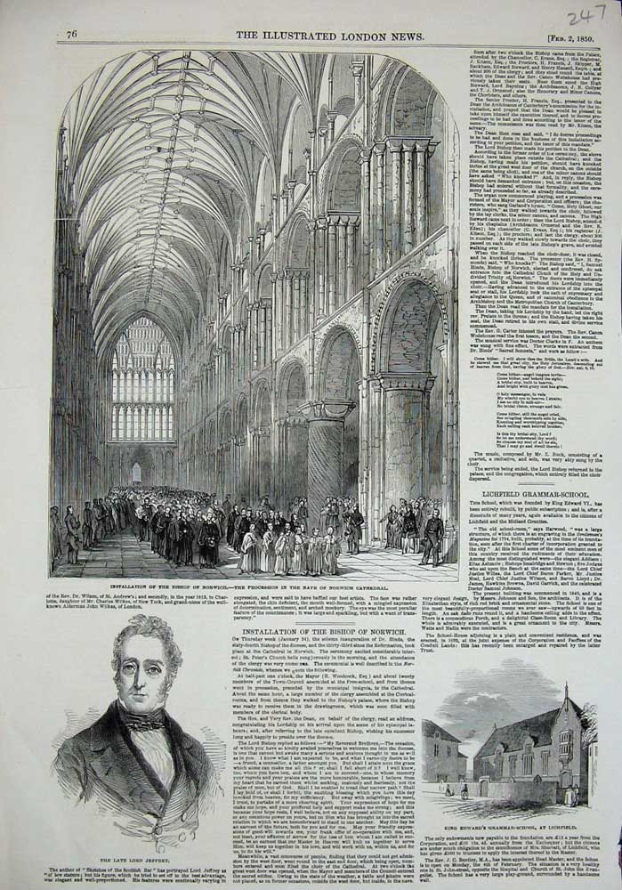 Original Old Antique Print 1850 Bishop Norwich Jeffrey Grammar School Lichfield